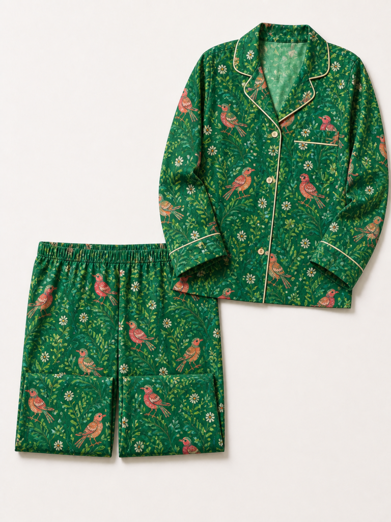 Emerald Aviary long pajama set: coral birds and ivory flowers on green, overhead view with the top higher right and folded full-width trousers lower left.