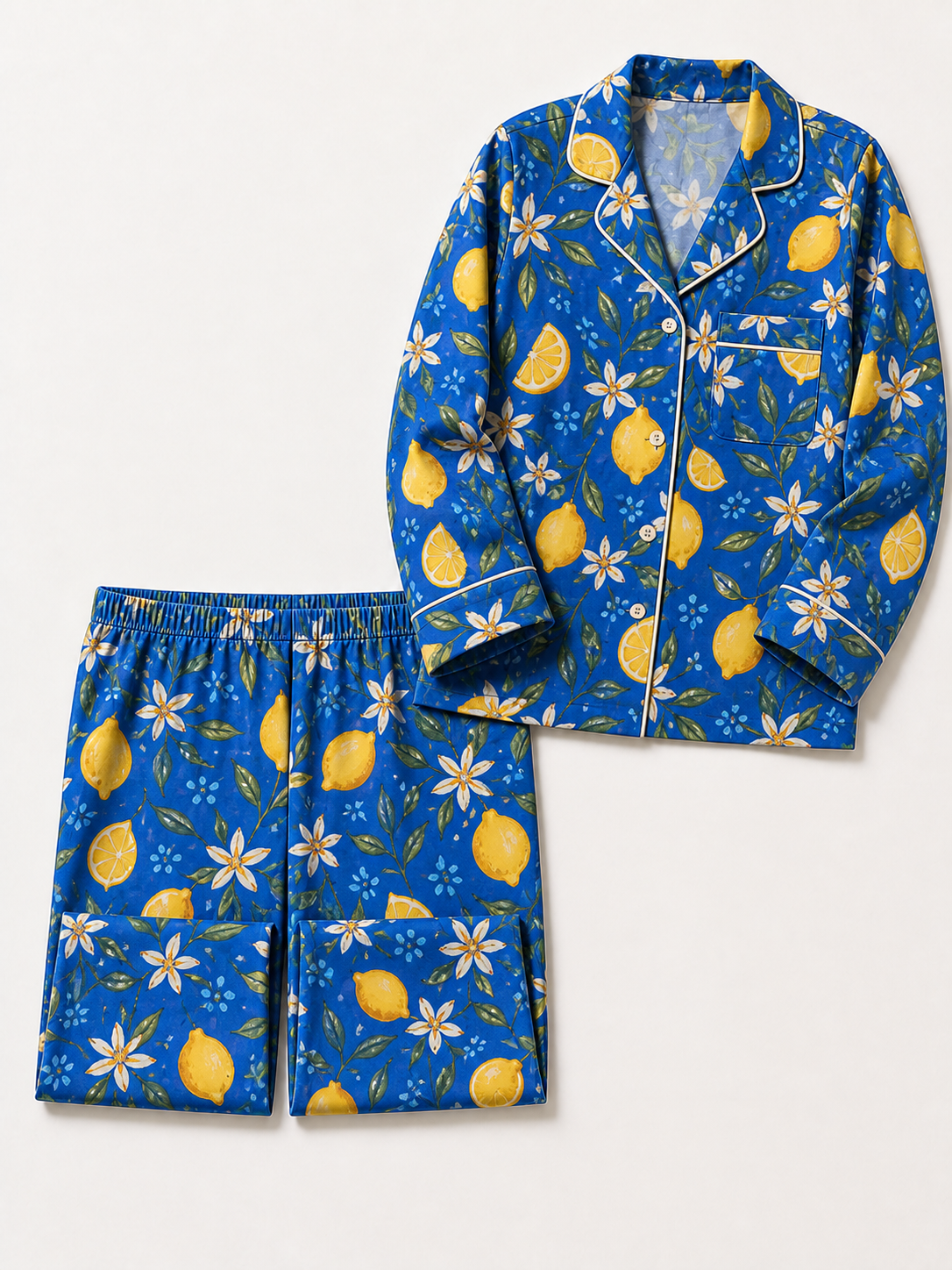 Citrus Reverie Satin Pajama Set — Top, collar and button detail