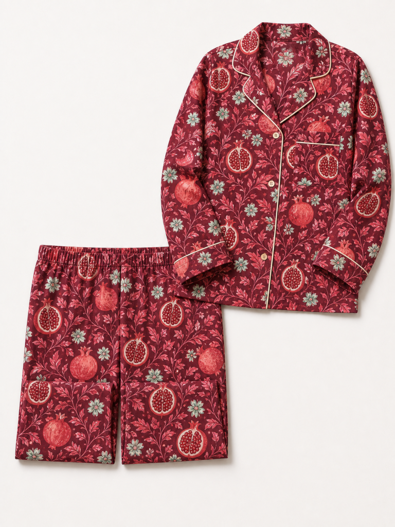 Pomegranate Parade long pajama set with pomegranates and rose foliage on burgundy, top-view mockup with folded trousers.