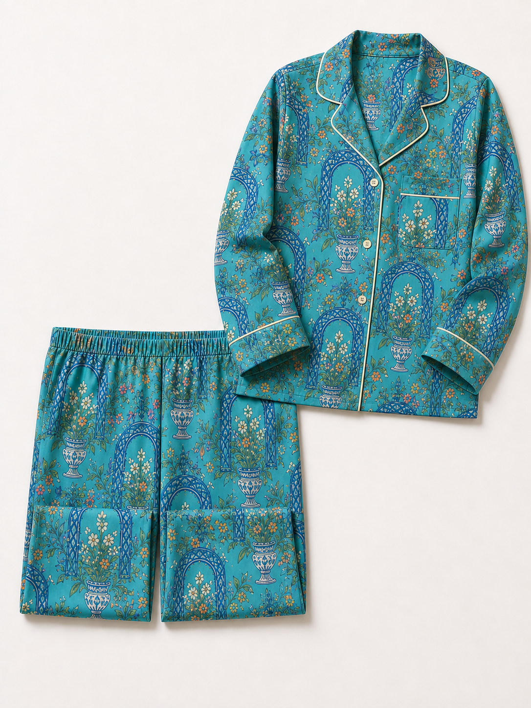 Azure Courtyard Satin Pajama Set — Top, collar and button detail