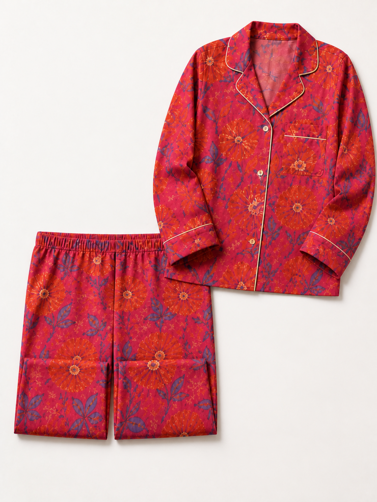 Scarlet Bloom red floral satin pajama set