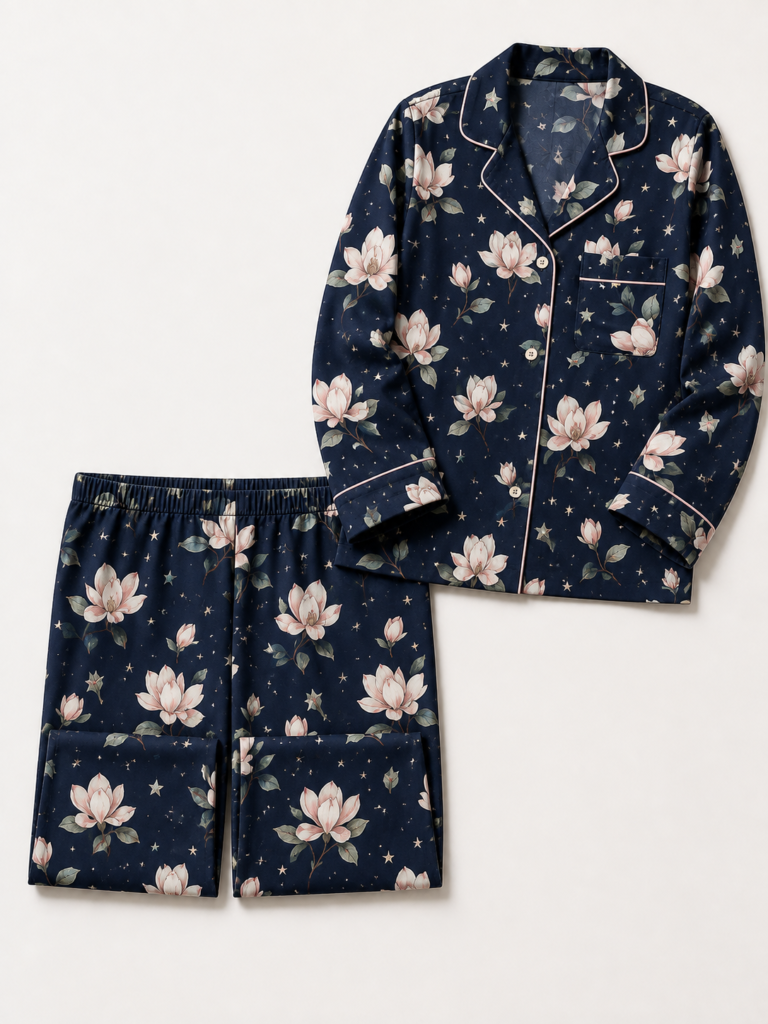 Midnight Magnolia navy floral satin pajama set