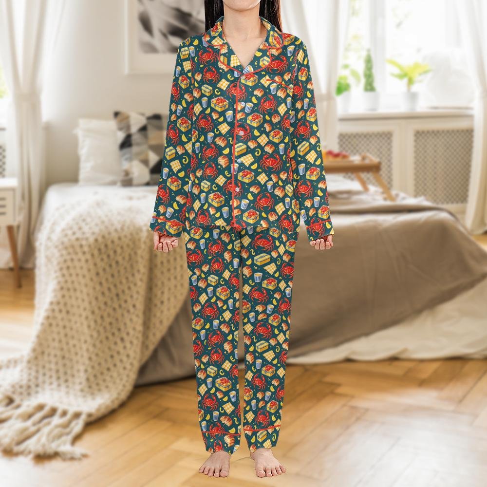 D001 crab and picnic print satin pajama set, front view